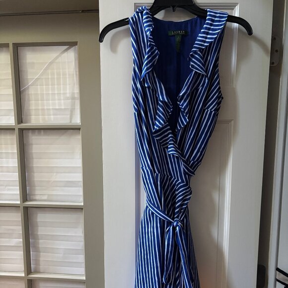 Ralph Lauren Blue and White Striped Sleeveless Wrap Dress - Size 4 - Picture 1 of 3